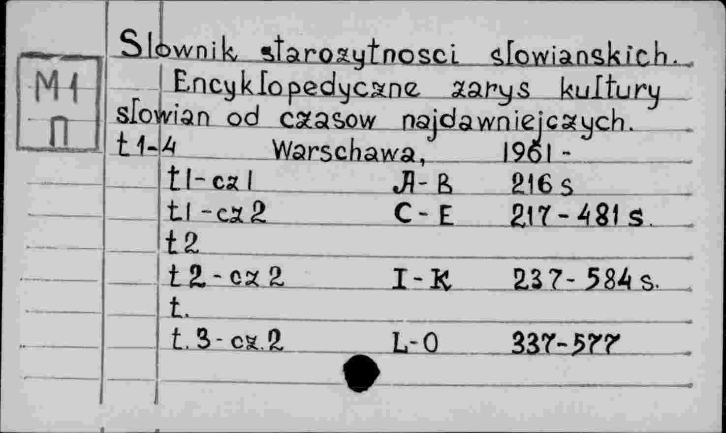 ﻿М4	Sic	tjwnik •»taroxytnosci. ^lowianskiùh-
		Encyklopedycxne stary-s kultury
Il 1	slo\	иап od cxasow najdawniejçs?ych. 4	Warschawa,	I9ol ~
LßJ	t1-	
		tf-сяї	Л- B 216 s
•		—	tl -cx2	C E	S. _ t2
		t2.-cx2	I-K Z37- 584s^_
■ —			_L_			
		t.S-cx.2,	L-0	337-^77
	—	